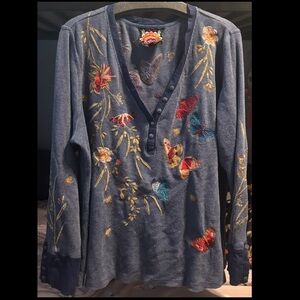 Embroidered Butterfly Floral Henley Top - Johnny Was